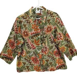 Alfred Dunner Shirt Womens 14 Green Floral Button Front Sheer Textured Boho